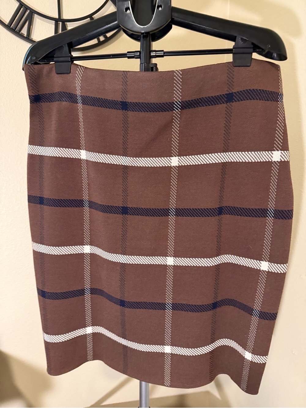 Ann Taylor Knit Brown Plaid Pencil Skirt with Black & Beige.